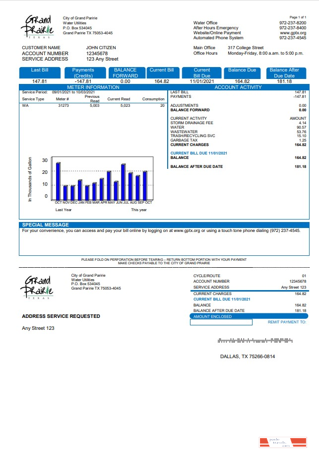 USA Texas Grand Prairie utility bill template in Word and PDF format